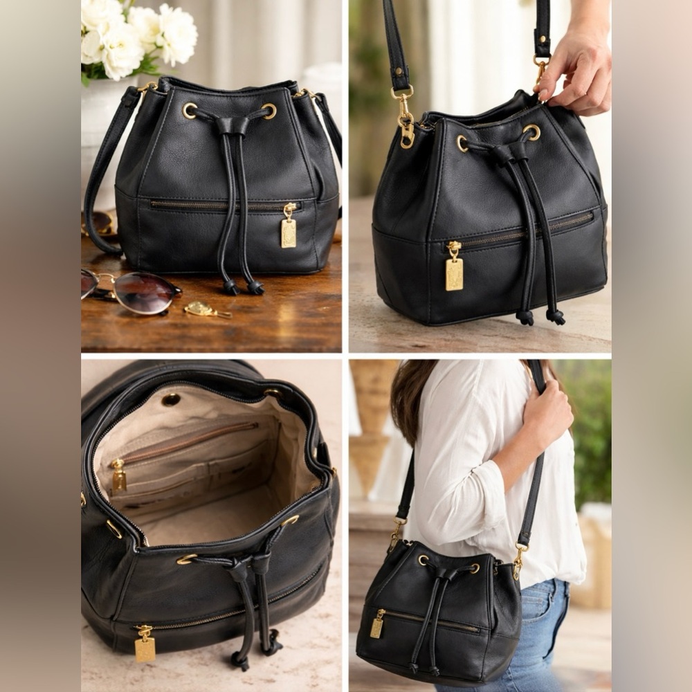 Tignanello soft black leather, draw string, crossbody bag.